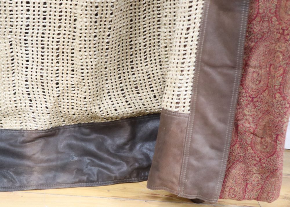 1970's hessian fabric and brown leather curtains, with Paisley fabric trimmed edges.